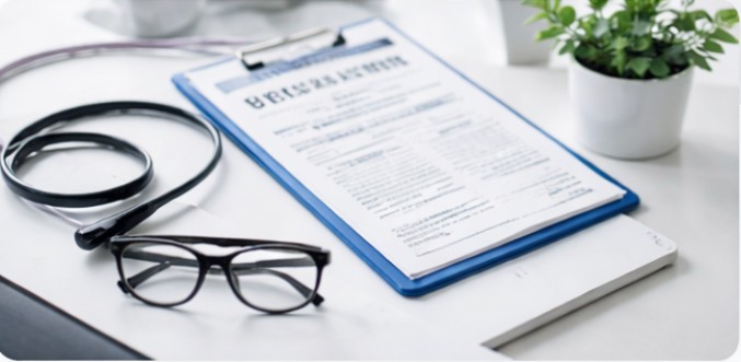 Health insurance consultation desk with policy documents